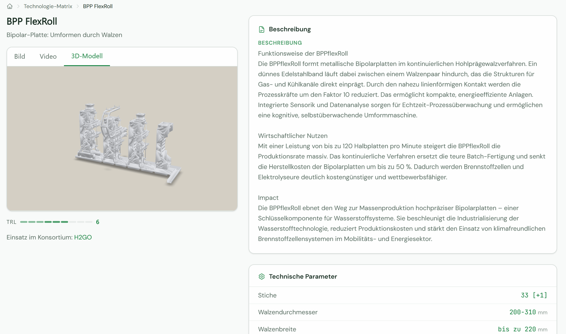Detailansicht eines Fertigungsmoduls in der Technologie-Mall mit 3D-Modell, Beschreibung und technischen Parametern